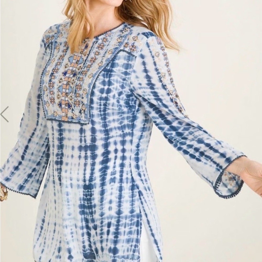Chico's Blue and White tie dye Patterned‎ tunic Top 4/6 summer beach resort boho